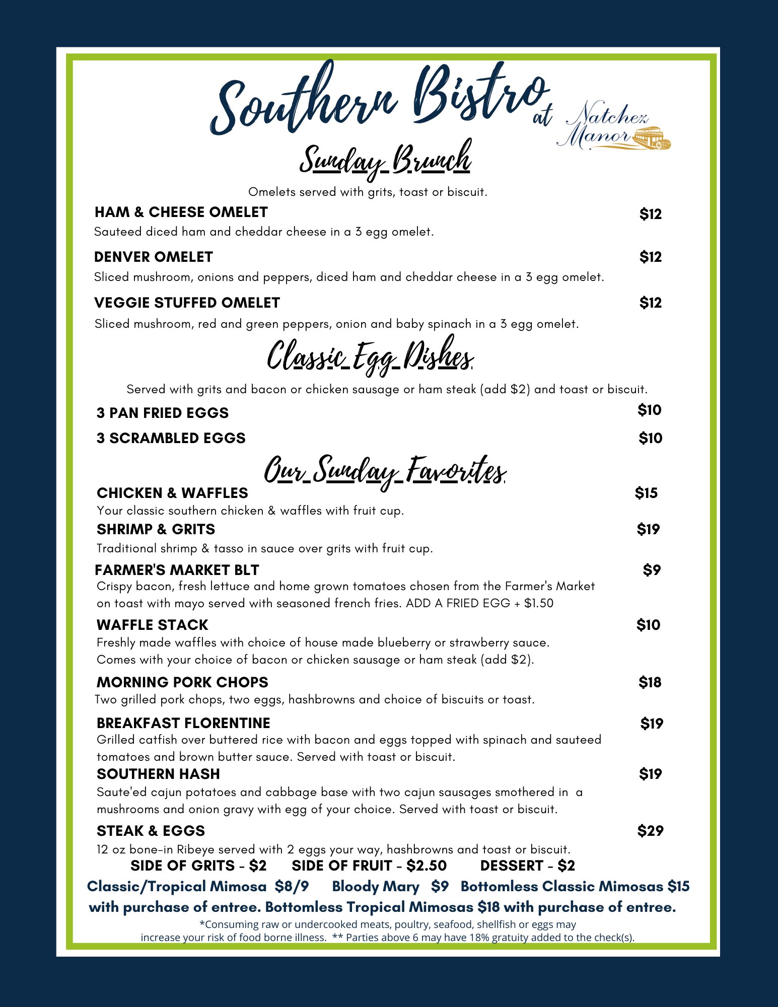 The Natchez Manor in Natchez, Mississippi MENUS